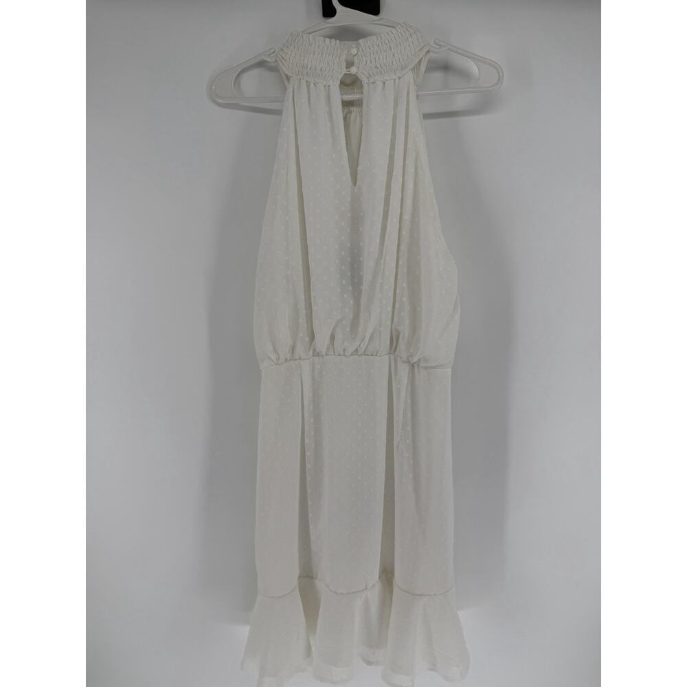 NEW Lena White Sleeveless Halter Neck Mini Dress Polka Dot Cinch Hem Large - Picture 6 of 11